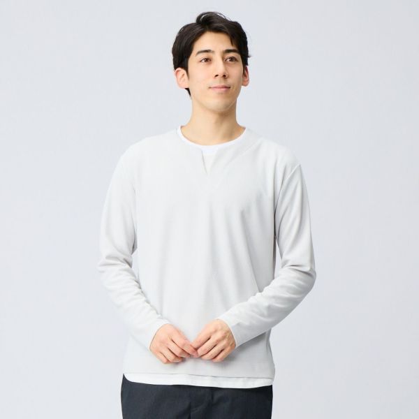 ワッフルフェイクキーネック長袖Tシャツ メンズ