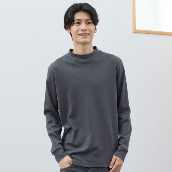 コットンスムースモックネック長袖Tシャツ