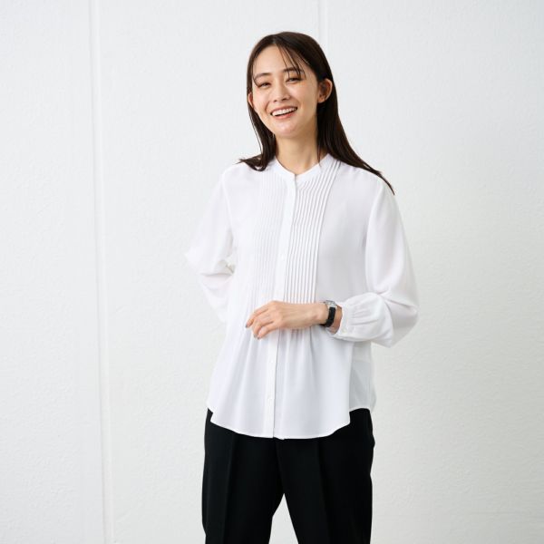 【オルスタ】イージーケアレーヨン混長袖ピンタックブラウス