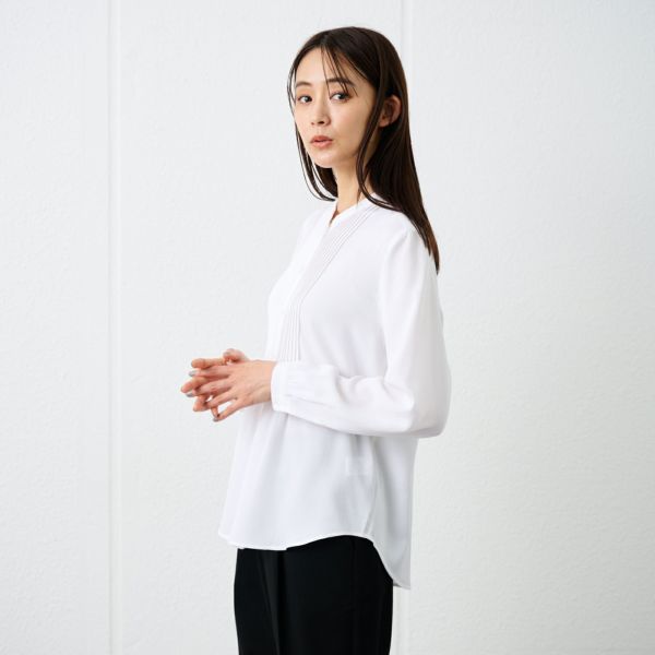 【オルスタ】イージーケアレーヨン混長袖ピンタックブラウス