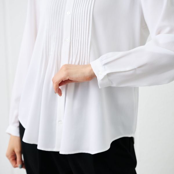 【オルスタ】イージーケアレーヨン混長袖ピンタックブラウス