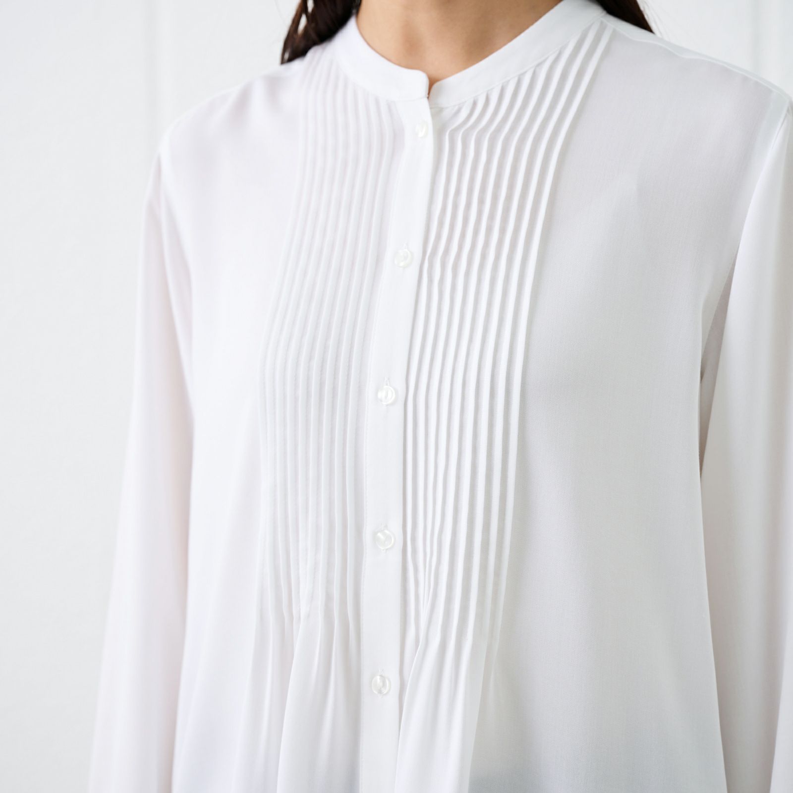 【オルスタ】イージーケアレーヨン混長袖ピンタックブラウス