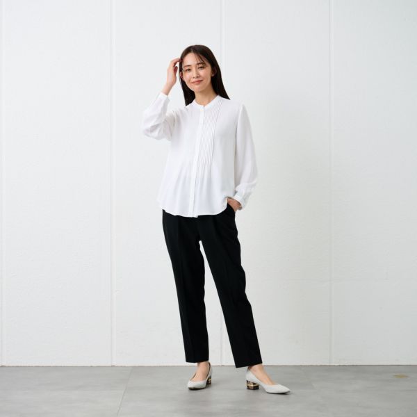 【オルスタ】イージーケアレーヨン混長袖ピンタックブラウス