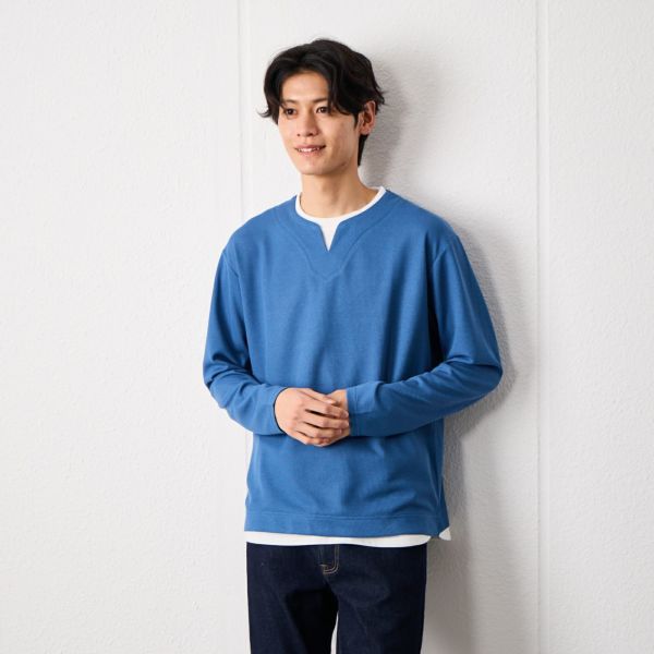 ワッフル　フェイクキーネック長袖Tシャツ