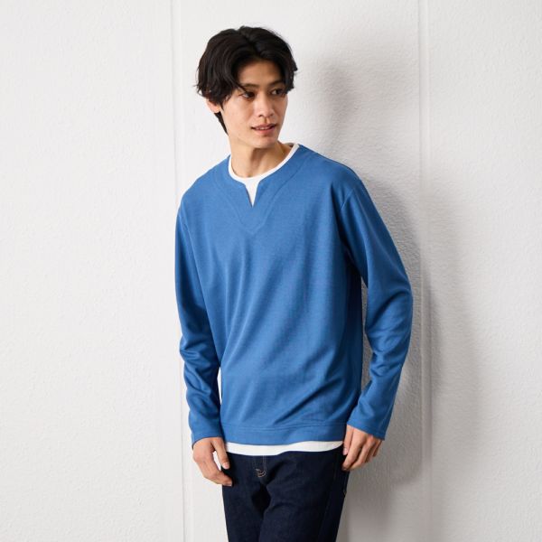 ワッフル　フェイクキーネック長袖Tシャツ