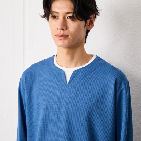 ワッフル　フェイクキーネック長袖Tシャツ