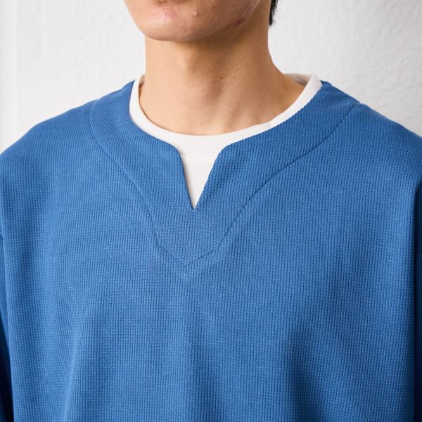 ワッフル　フェイクキーネック長袖Tシャツ