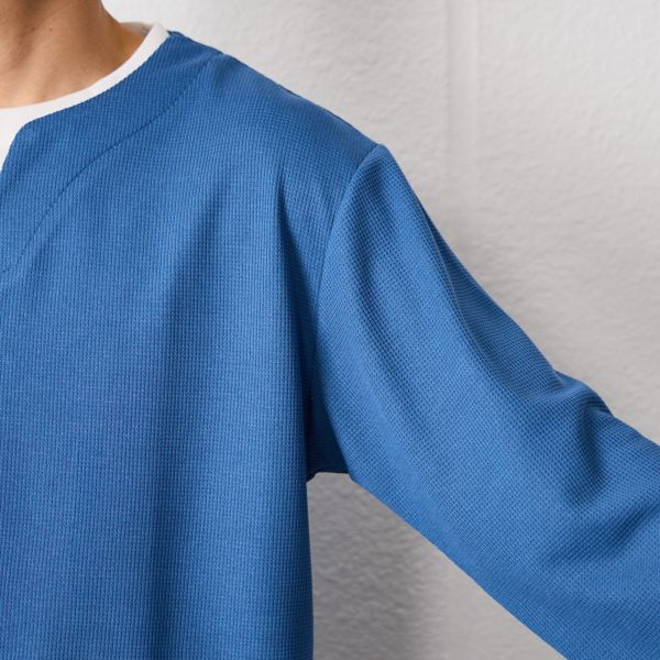 ワッフル　フェイクキーネック長袖Tシャツ