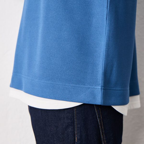 ワッフル　フェイクキーネック長袖Tシャツ