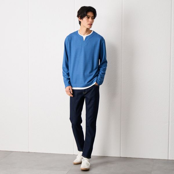 ワッフル　フェイクキーネック長袖Tシャツ