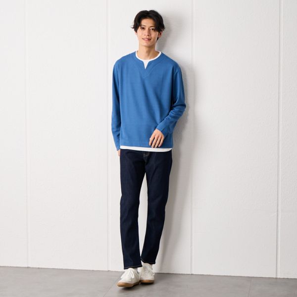 ワッフル　フェイクキーネック長袖Tシャツ