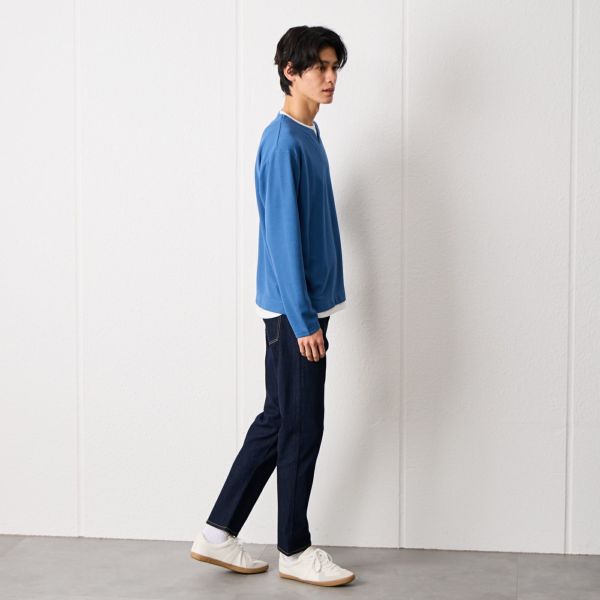 ワッフル　フェイクキーネック長袖Tシャツ