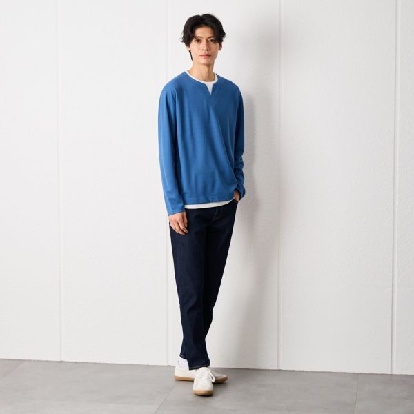 ワッフル　フェイクキーネック長袖Tシャツ