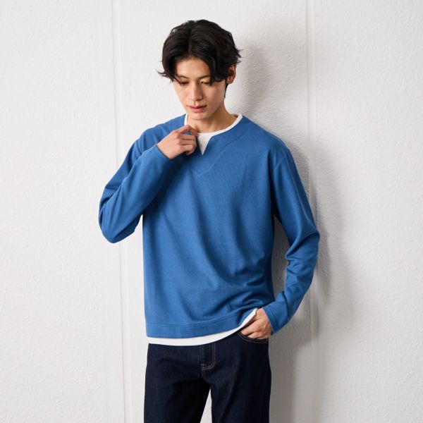 ワッフル　フェイクキーネック長袖Tシャツ