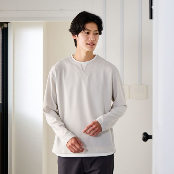 ワッフル　フェイクキーネック長袖Tシャツ