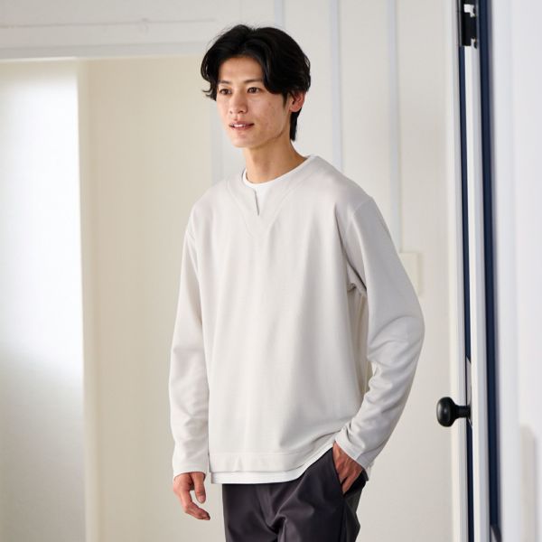 ワッフル　フェイクキーネック長袖Tシャツ