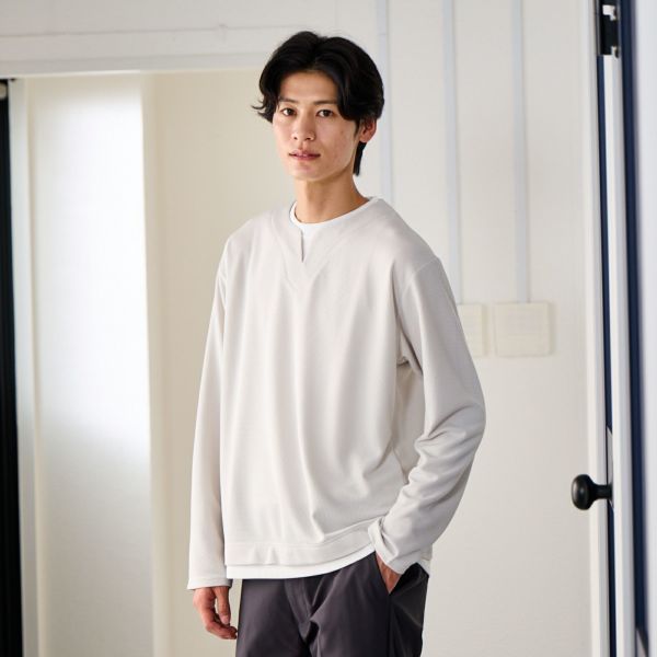 ワッフル　フェイクキーネック長袖Tシャツ