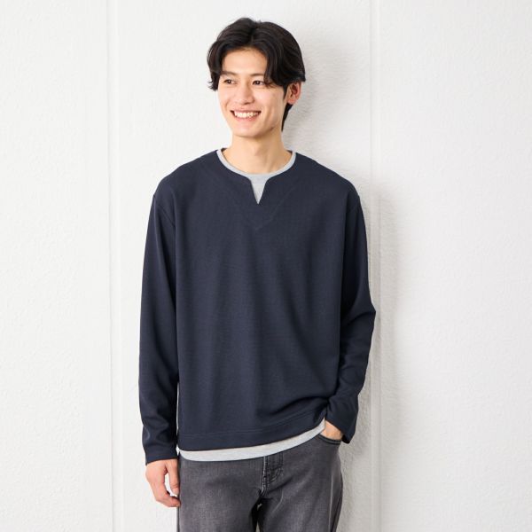 ワッフル　フェイクキーネック長袖Tシャツ