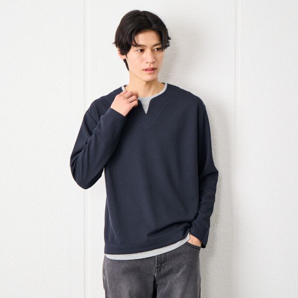ワッフル　フェイクキーネック長袖Tシャツ