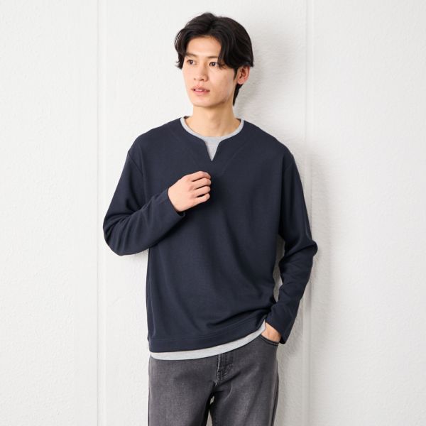 ワッフル　フェイクキーネック長袖Tシャツ