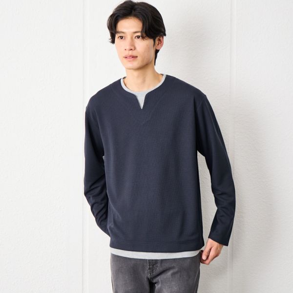 ワッフル　フェイクキーネック長袖Tシャツ
