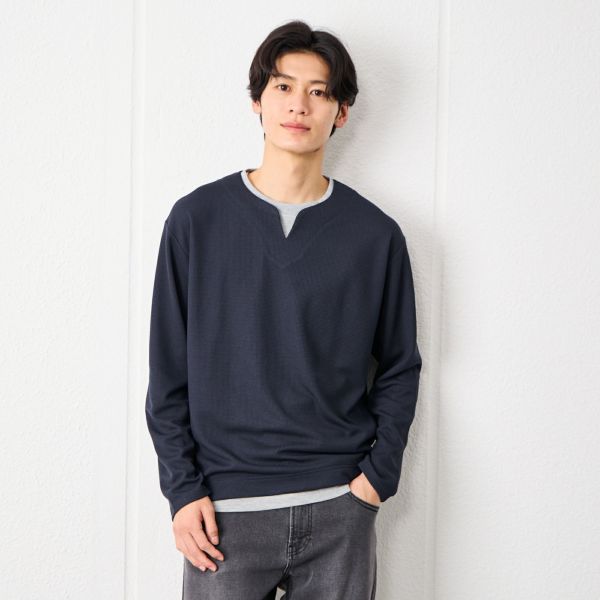 ワッフル　フェイクキーネック長袖Tシャツ