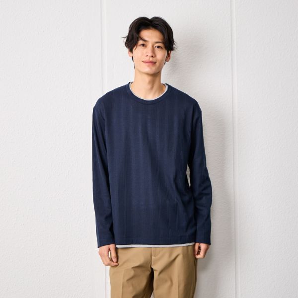 針抜き　クルーネックフェイク長袖Tシャツ