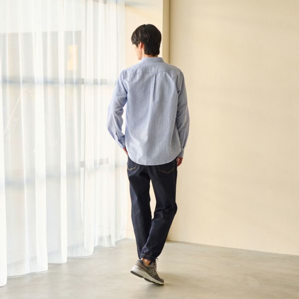 てまラク　麻入りストライプ長袖シャツ