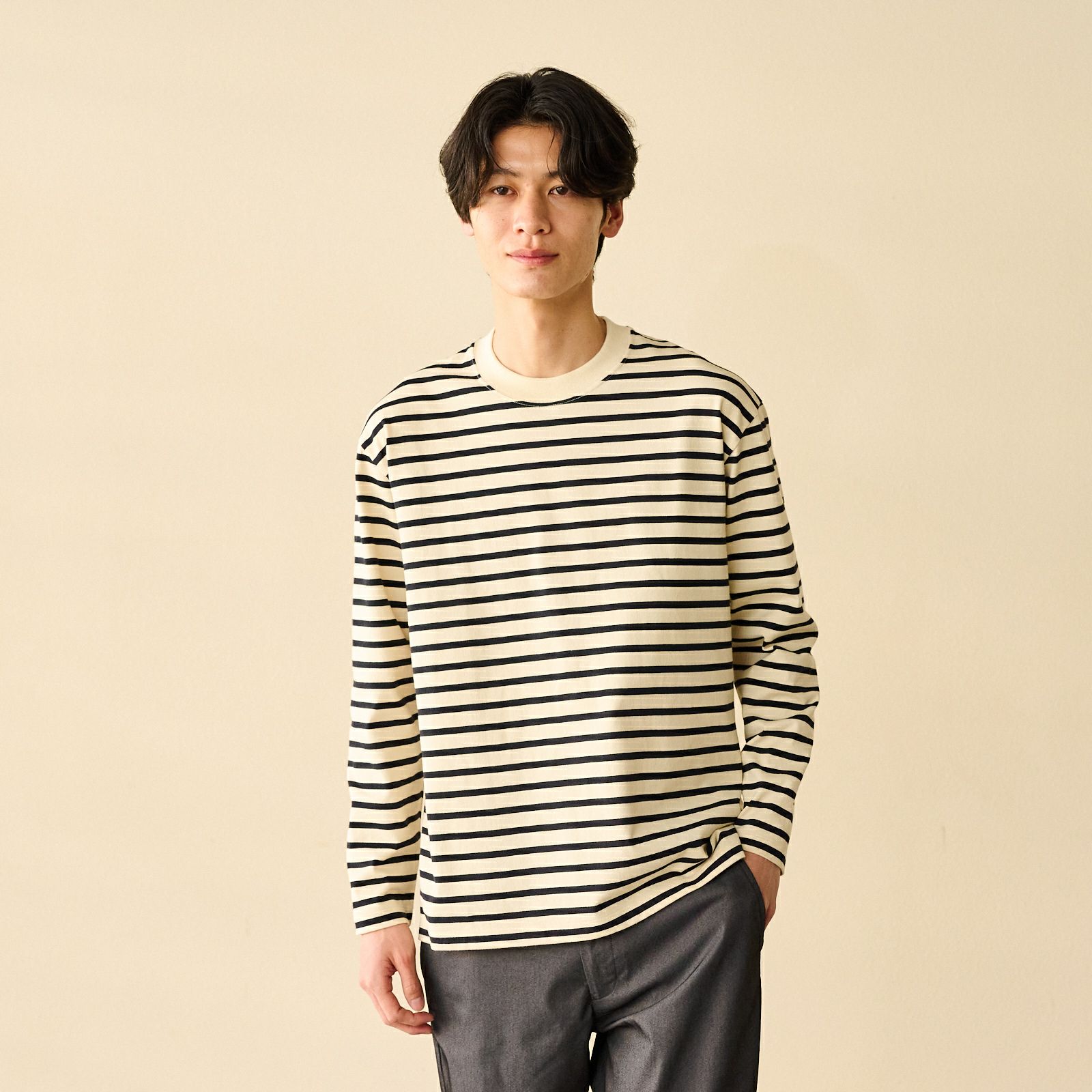 オーガニックコットン　太番手ボーダー長袖Ｔシャツ