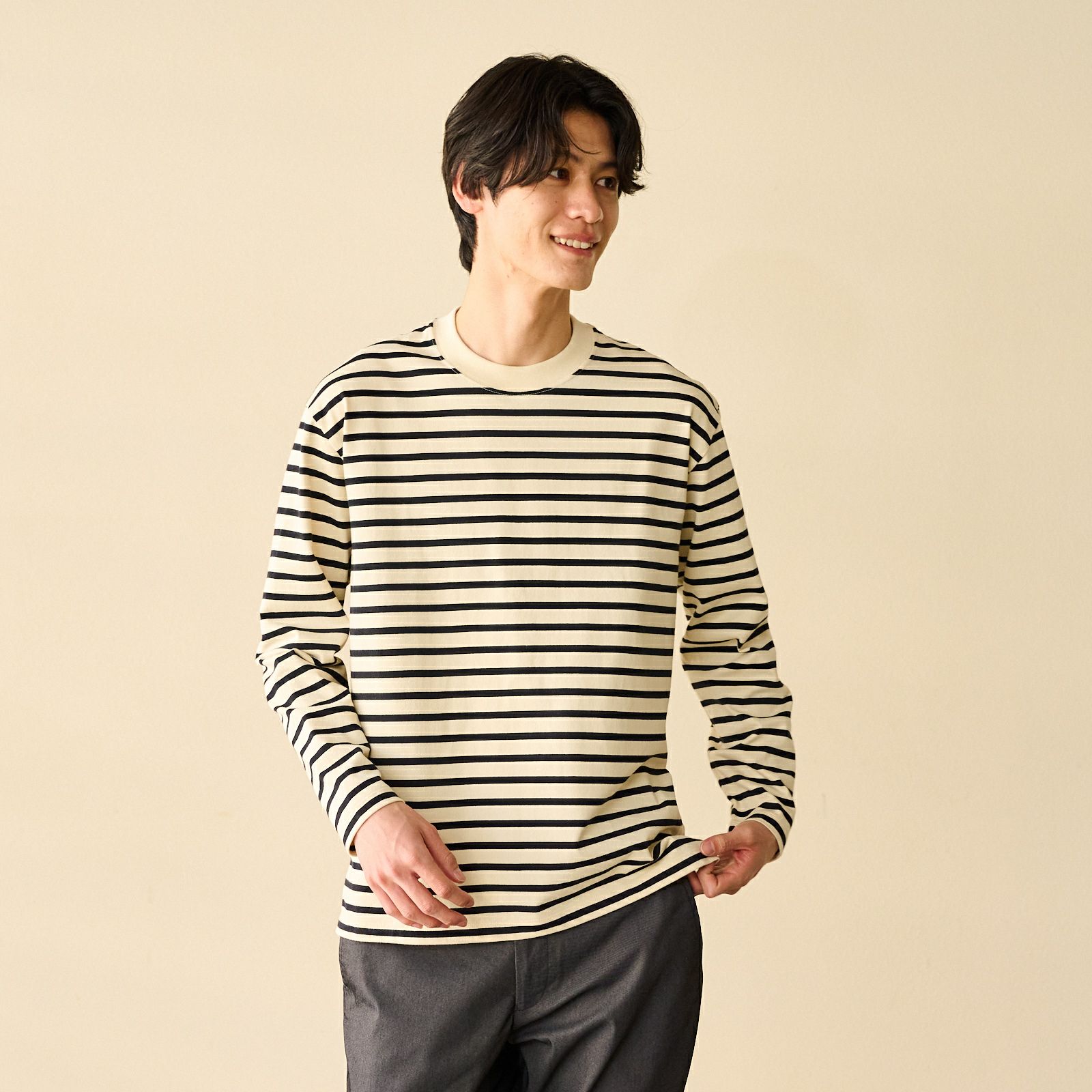 オーガニックコットン　太番手ボーダー長袖Ｔシャツ