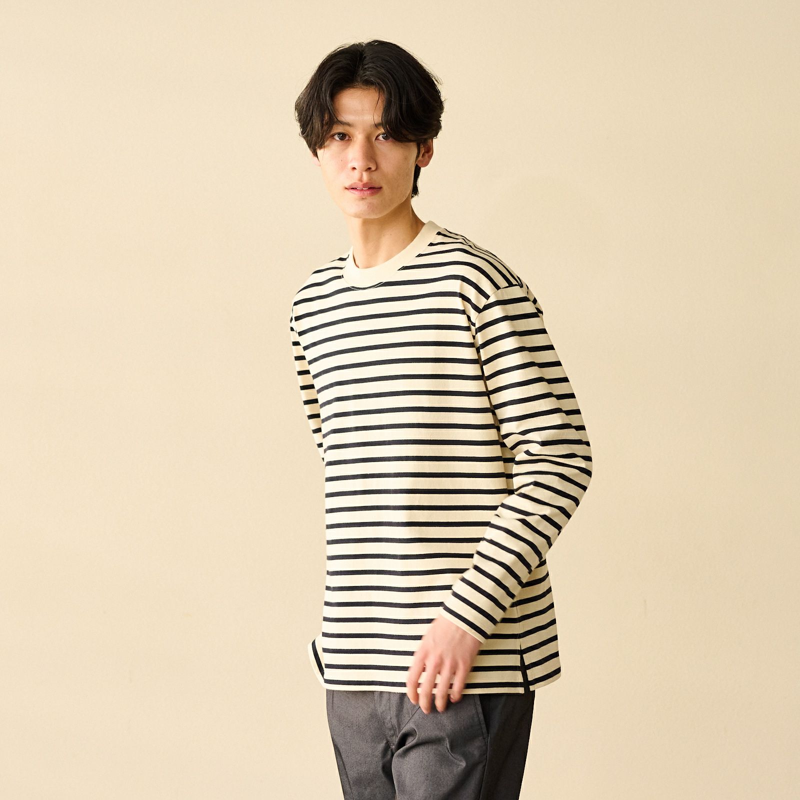 オーガニックコットン　太番手ボーダー長袖Ｔシャツ