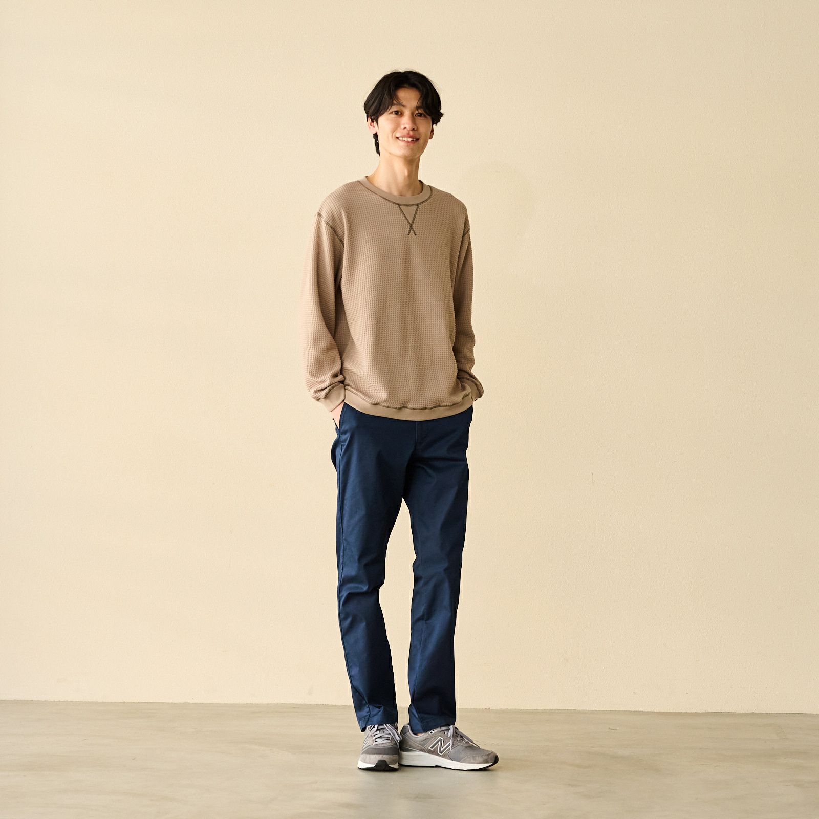 配色ステッチワッフル長袖Ｔシャツ