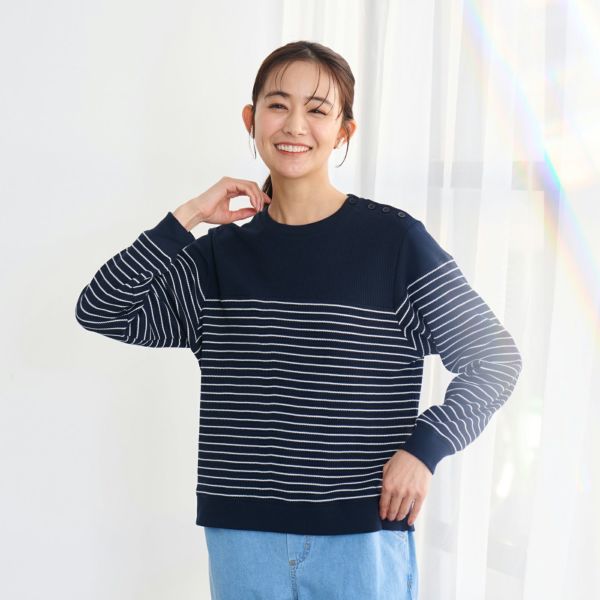 サラサラ　ワッフルボーダー長袖Tシャツ