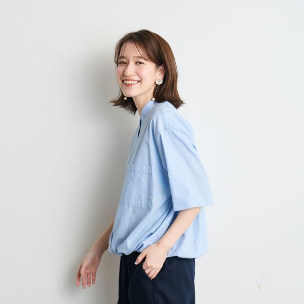 てまラク綿混５分袖ドロストブラウス