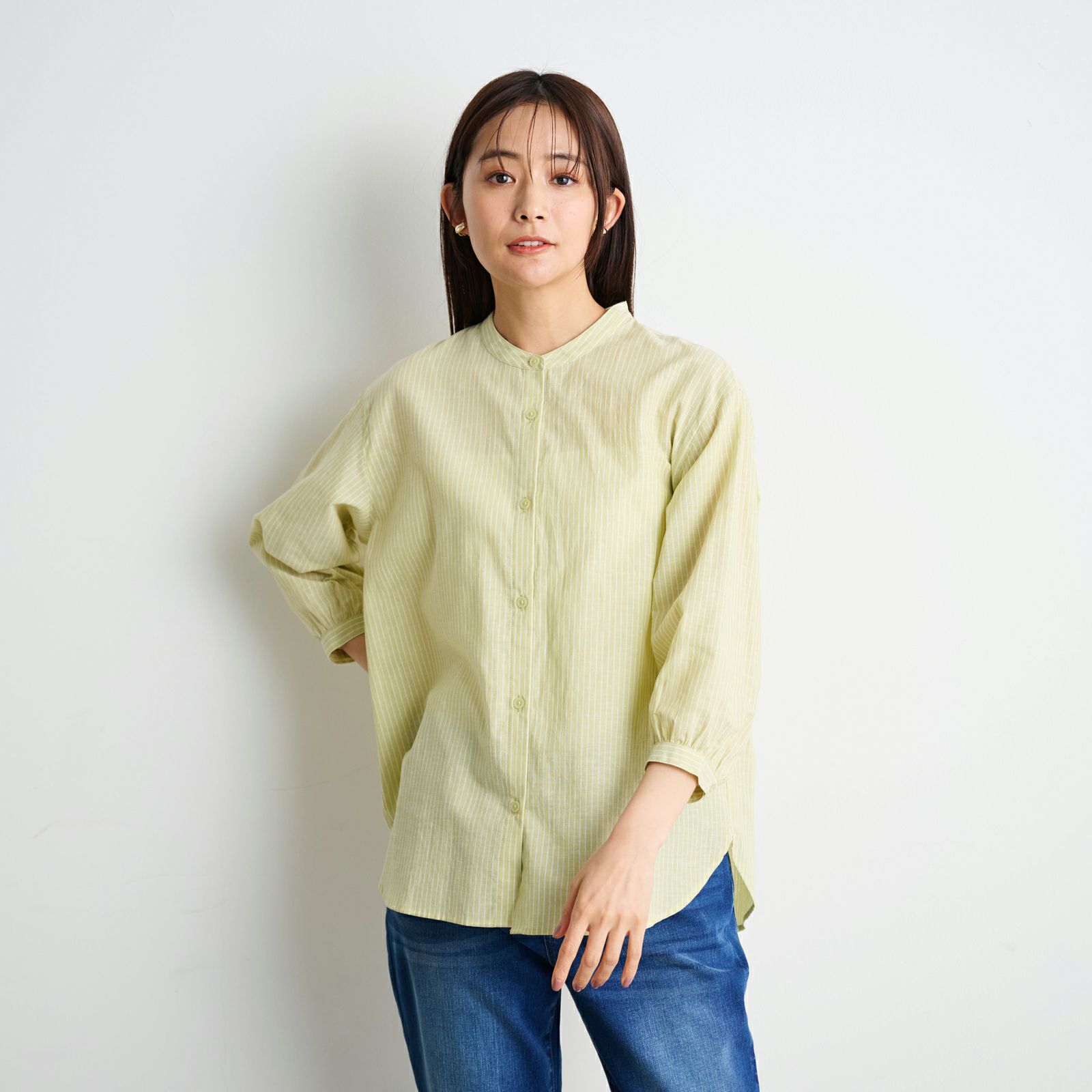 てまラク　綿麻７分袖スタンドブラウス