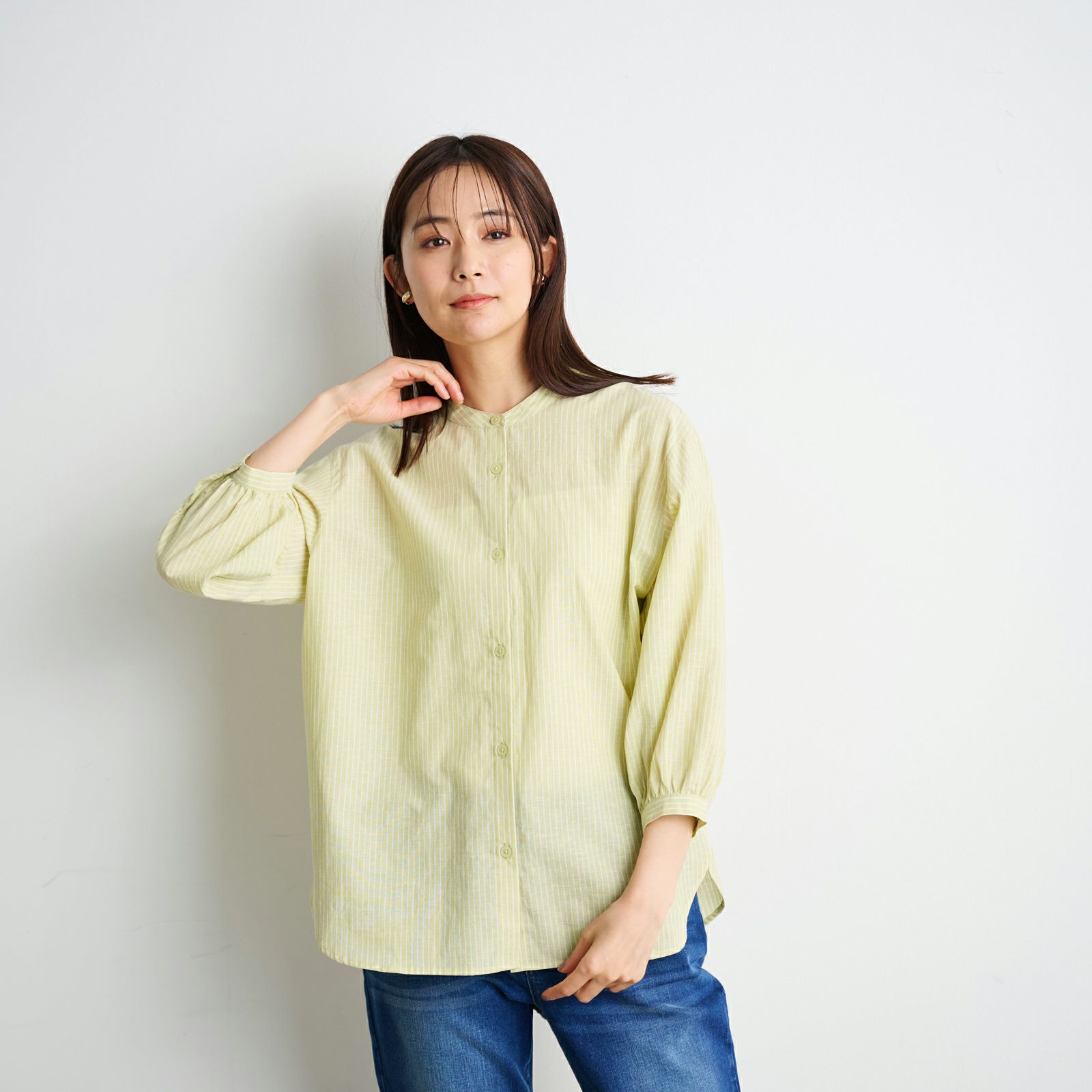 てまラク　綿麻７分袖スタンドブラウス