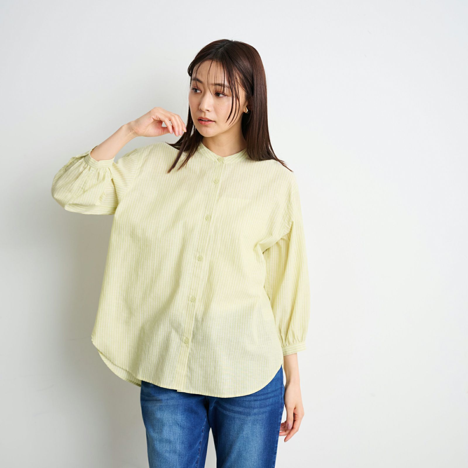 てまラク　綿麻７分袖スタンドブラウス