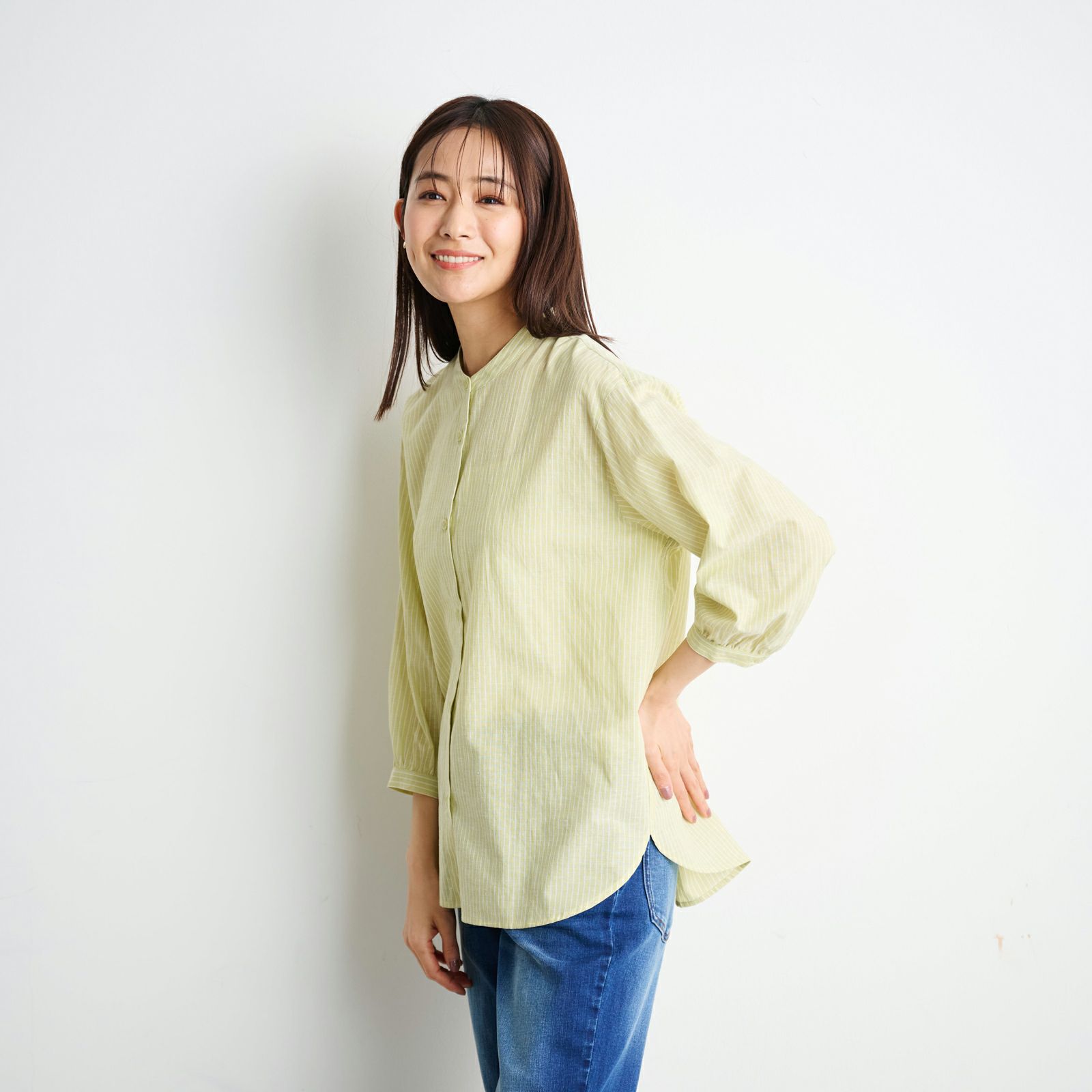 てまラク　綿麻７分袖スタンドブラウス