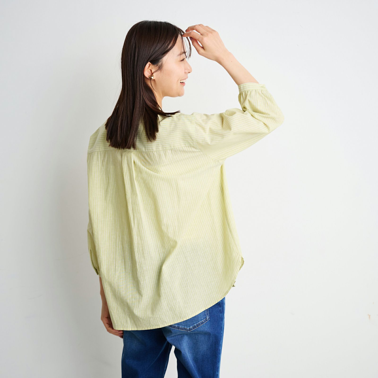 てまラク　綿麻７分袖スタンドブラウス