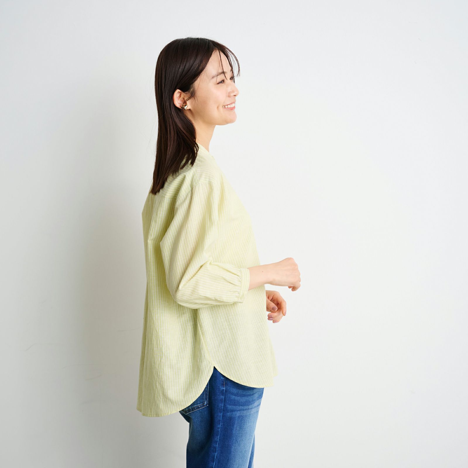 てまラク　綿麻７分袖スタンドブラウス