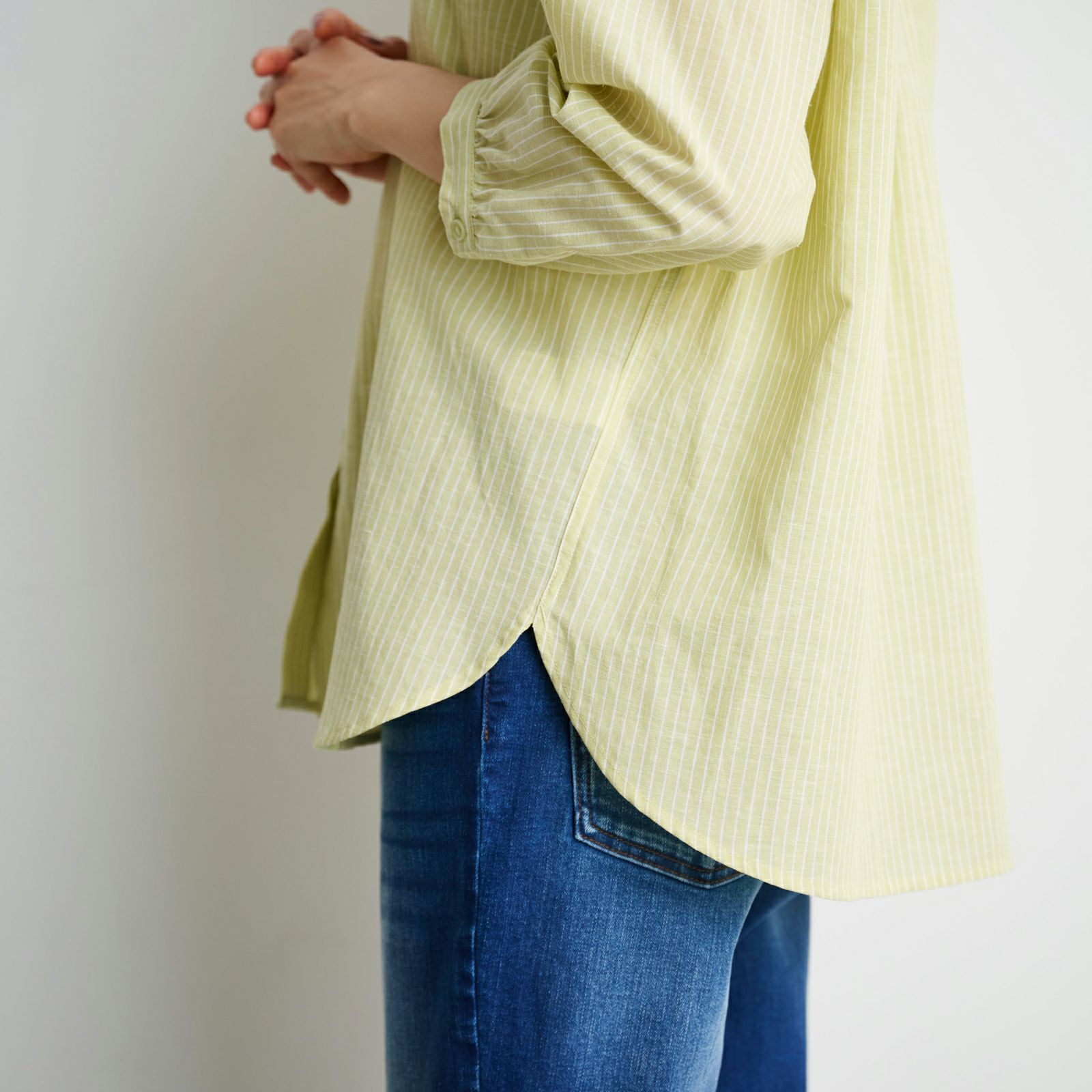 てまラク　綿麻７分袖スタンドブラウス