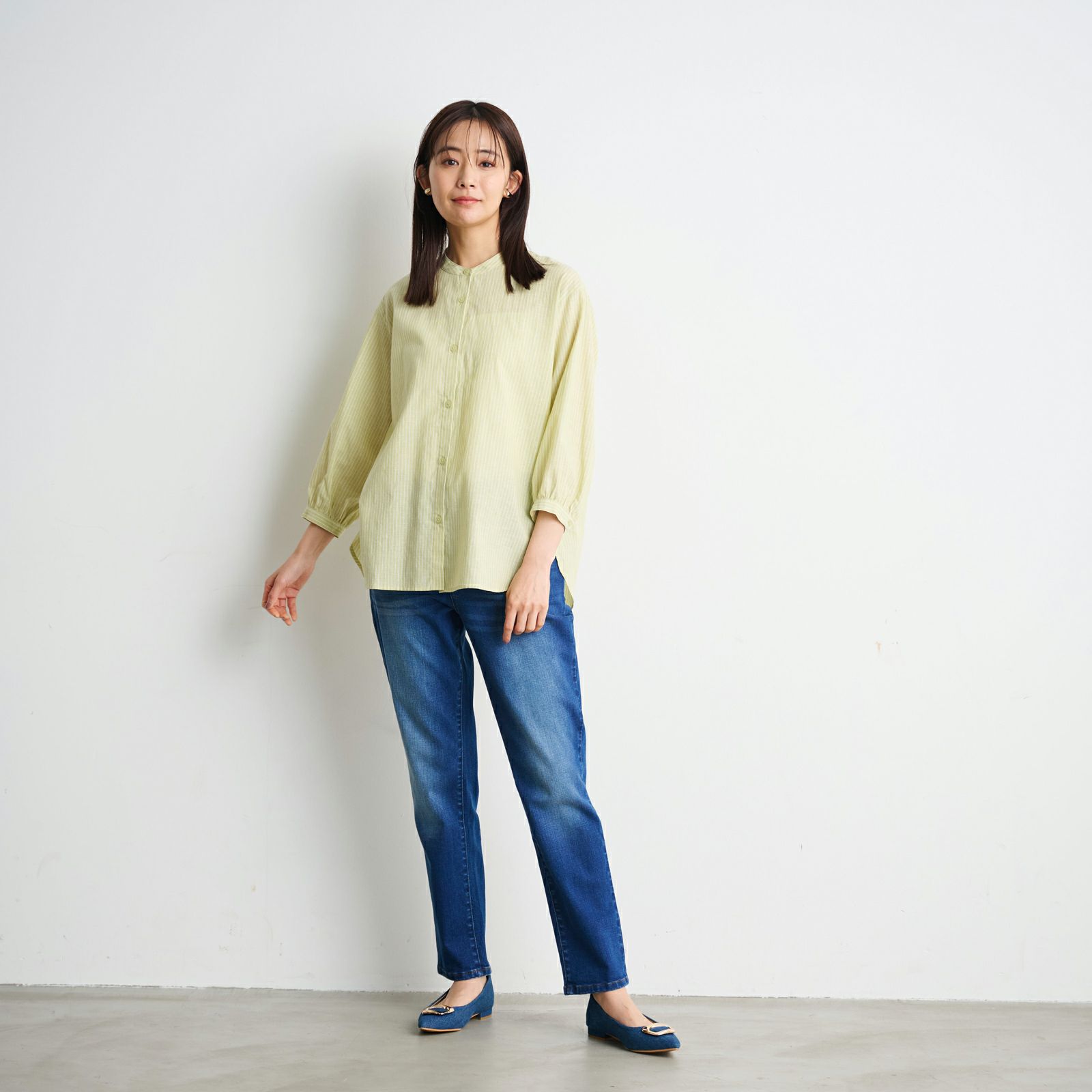 てまラク　綿麻７分袖スタンドブラウス