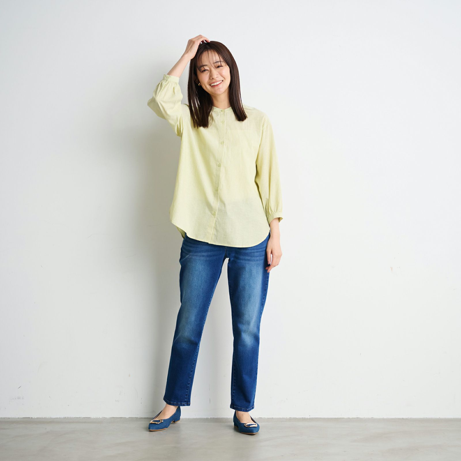 てまラク　綿麻７分袖スタンドブラウス