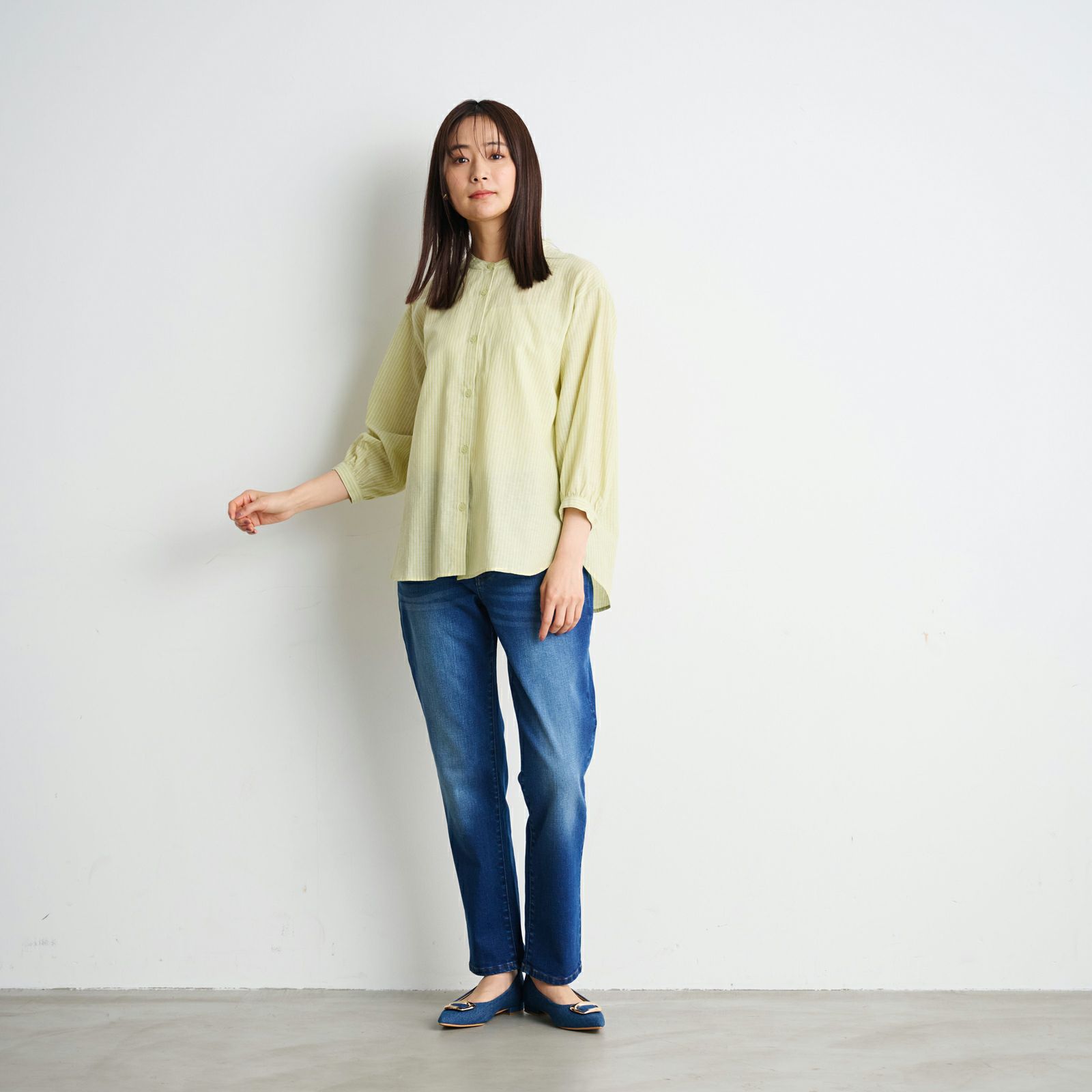 てまラク　綿麻７分袖スタンドブラウス