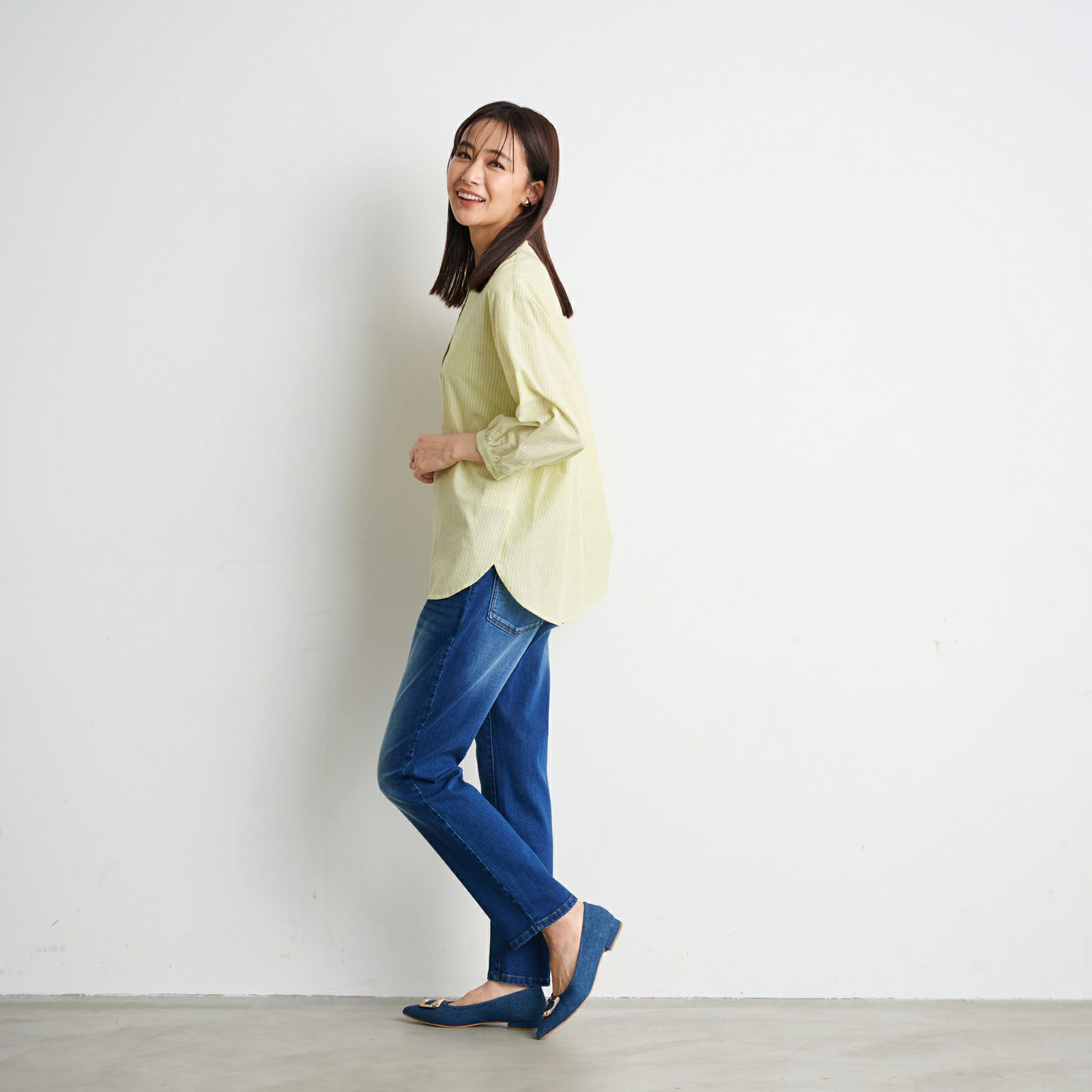 てまラク　綿麻７分袖スタンドブラウス