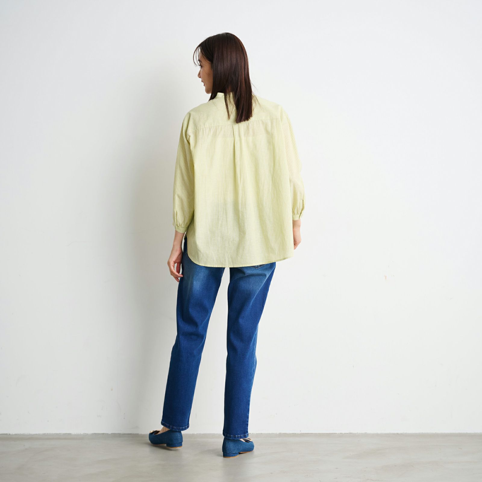 てまラク　綿麻７分袖スタンドブラウス