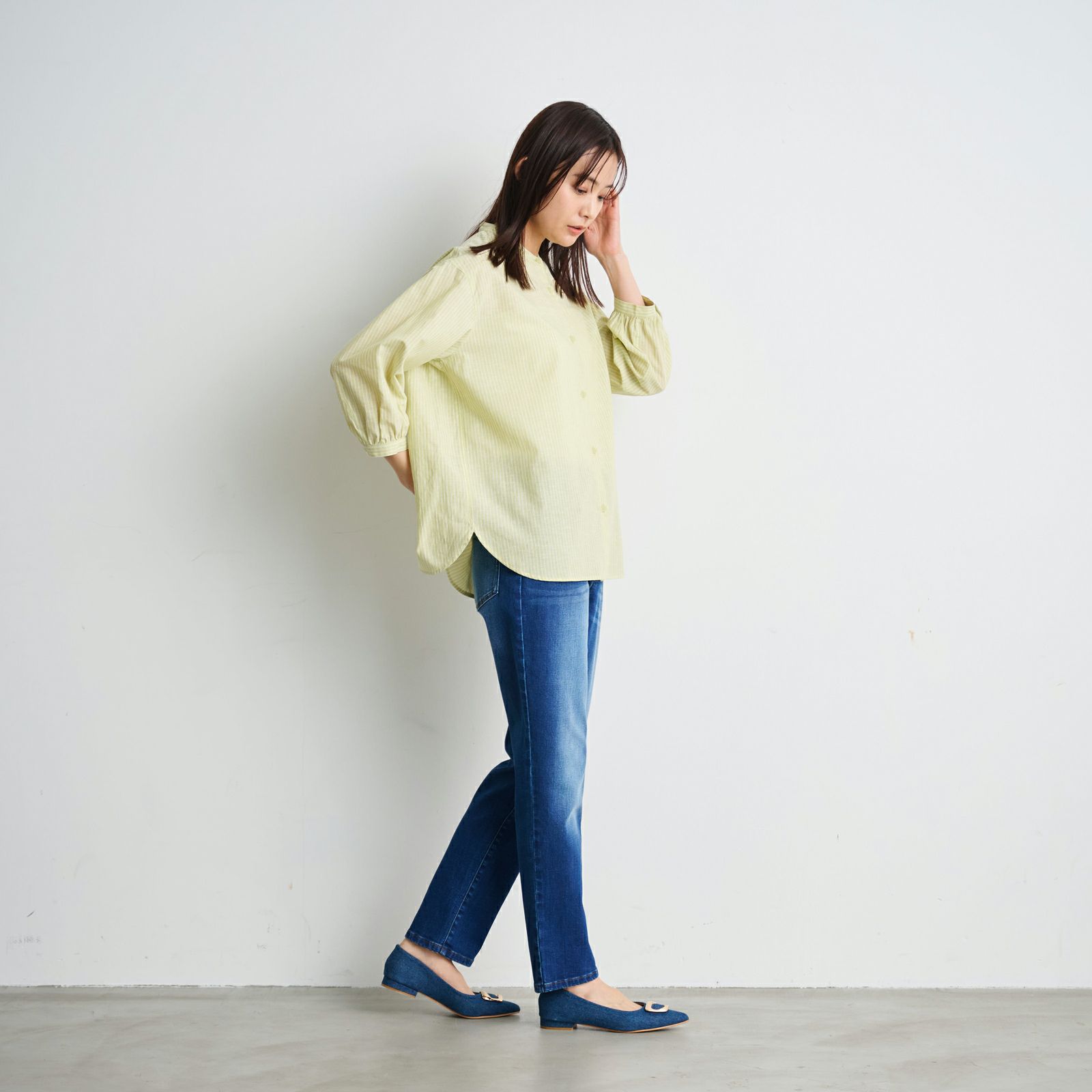 てまラク　綿麻７分袖スタンドブラウス