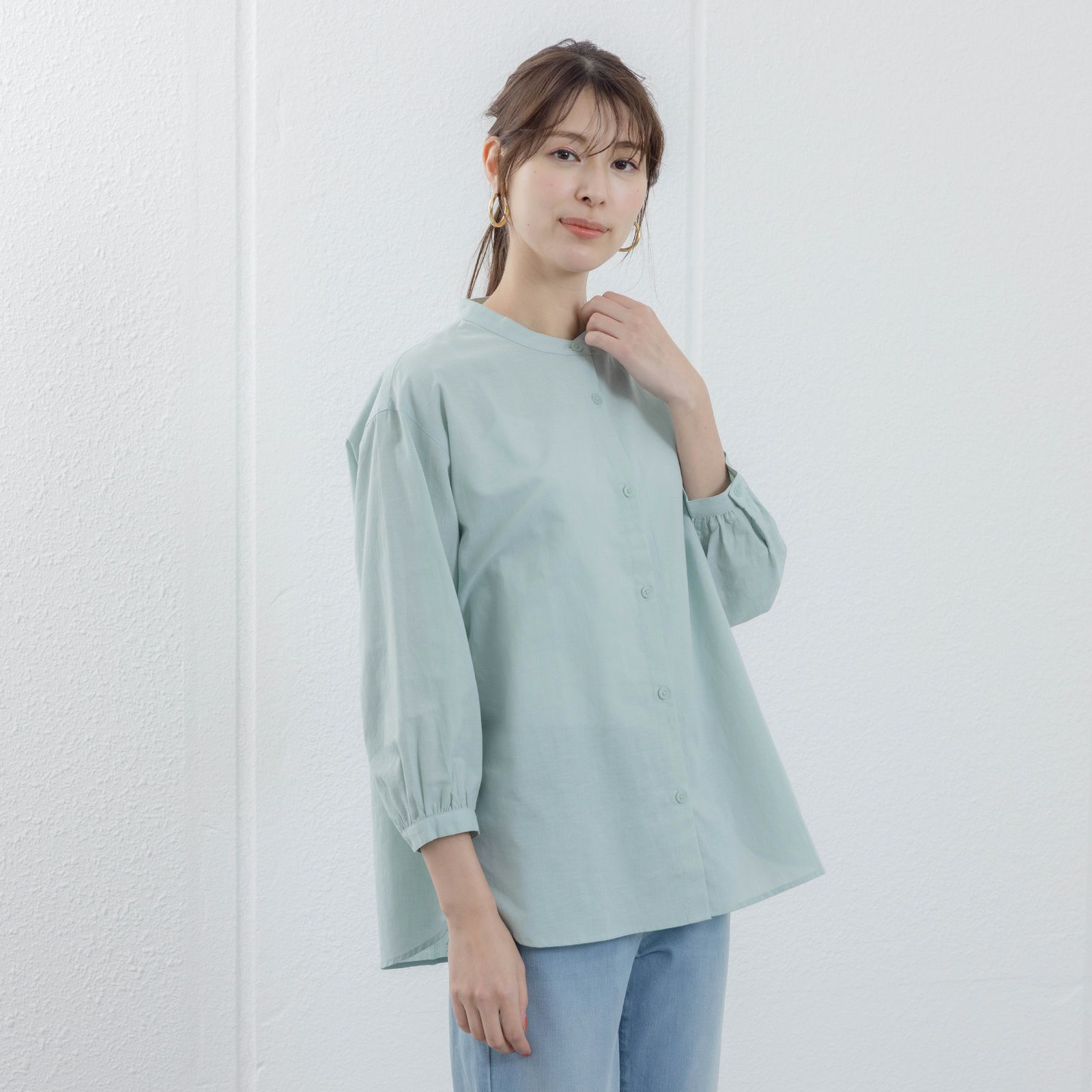 てまラク　綿麻７分袖スタンドブラウス