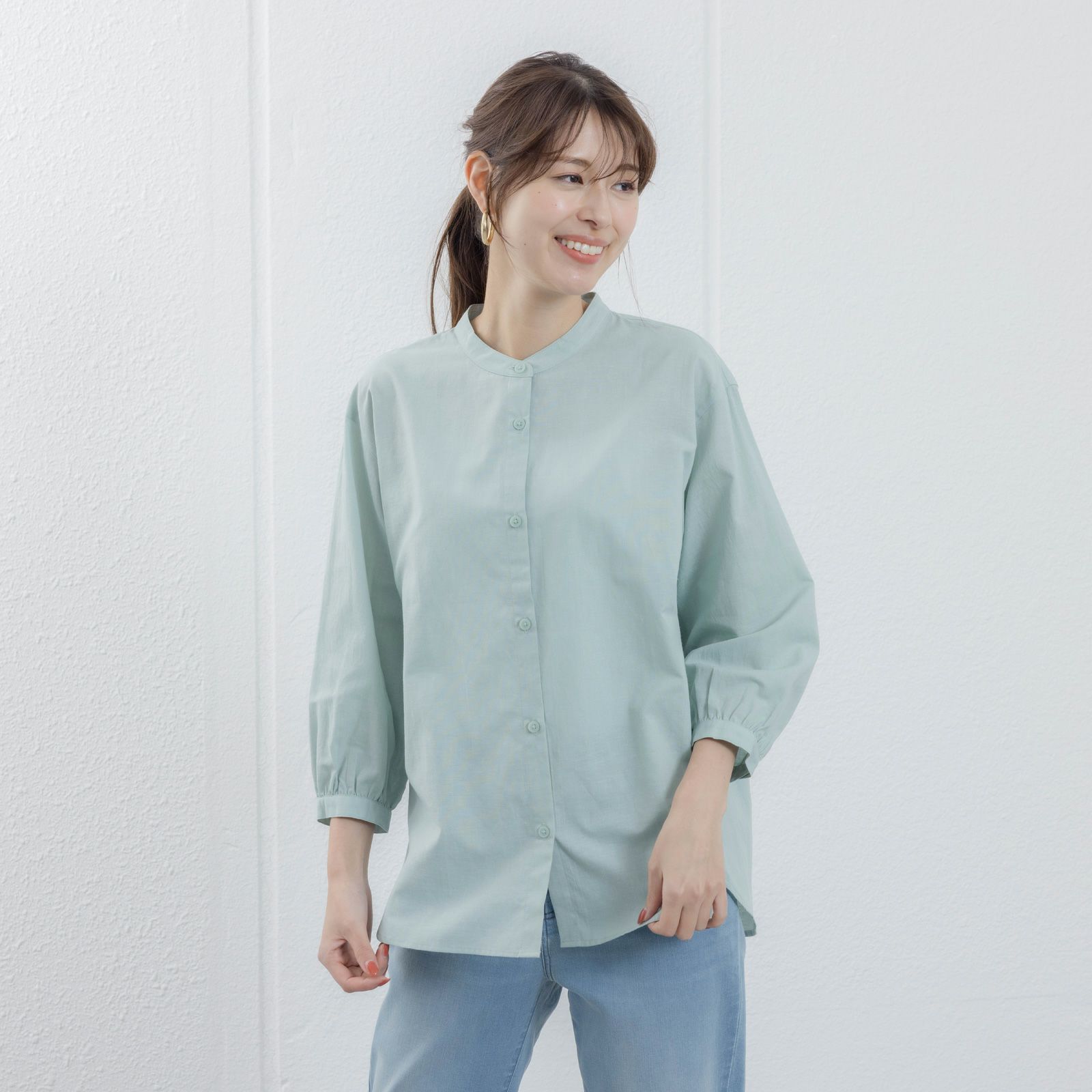 てまラク　綿麻７分袖スタンドブラウス