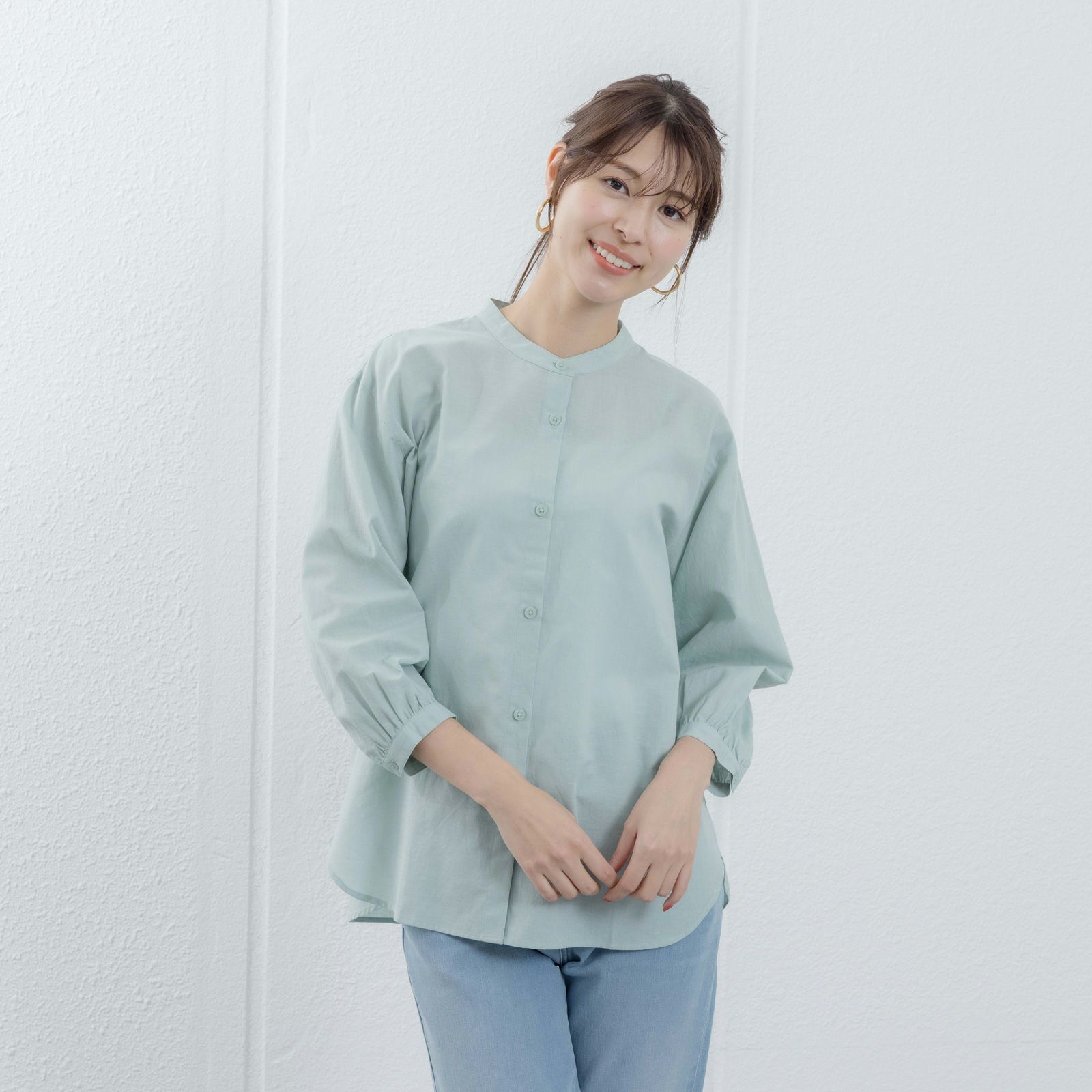 てまラク　綿麻７分袖スタンドブラウス